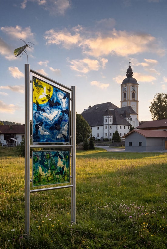 Fledermaus-Skulpturenweg Rinchnach mit Blick auf den Ortskern